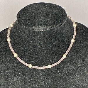 Handmade Pink Seed Bead Necklace with Pearl Accents